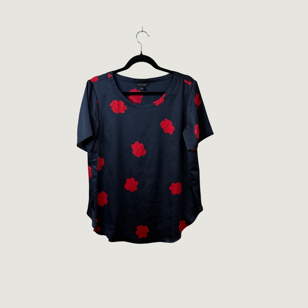 Banana‎ Republic Navy Blue Red Floral Poppy Print Short Sleeve Blouse Small